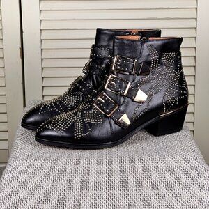 Bashafari Studded Black Leather Ankle Boots Gold Buckle Moto Size 39 EU | 8.5 US